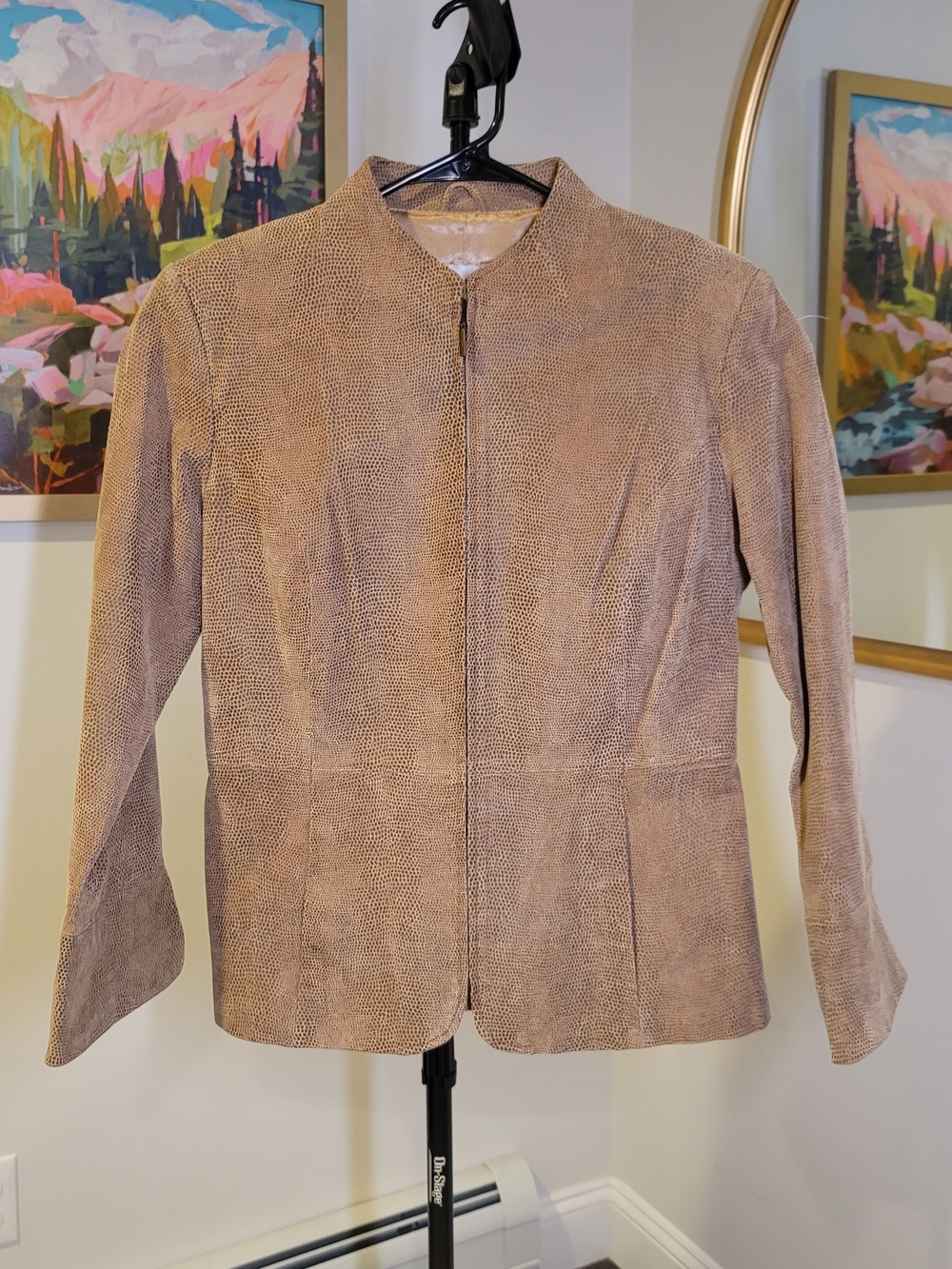 Vintage PAMELA MCCOY COLLECTIONS Genuine Leather Jacket Reptile Print Tan Size M